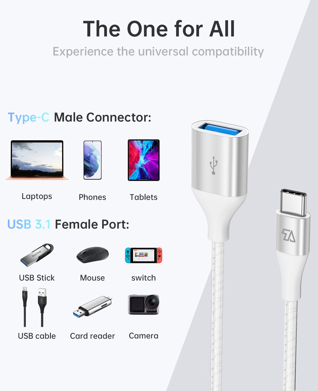 USB C to USB A Socket, 0.5FT/0.15M