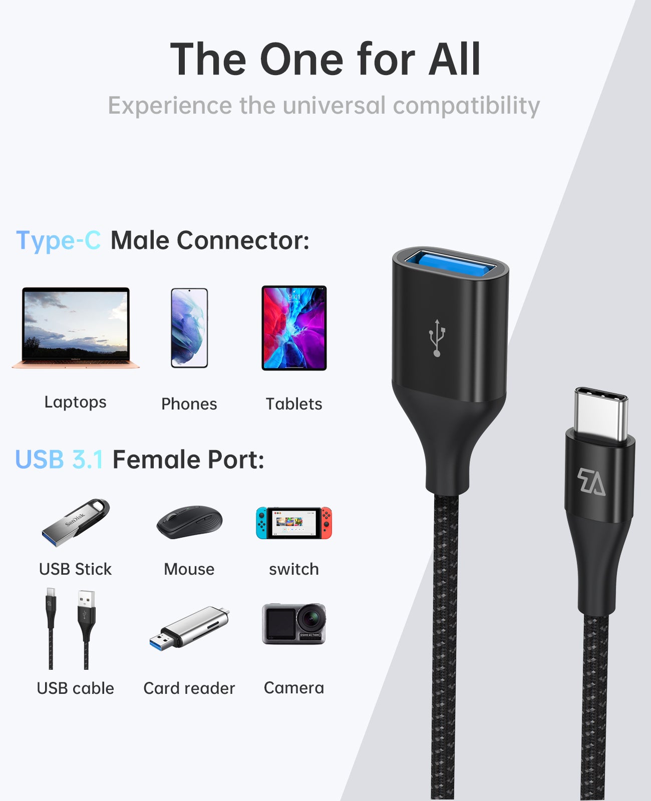 USB C to USB A Socket, 0.5FT/0.15M