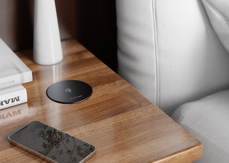 Furniture mounted in-desk 10 watt wireless Qi charger for hotel guest rooms